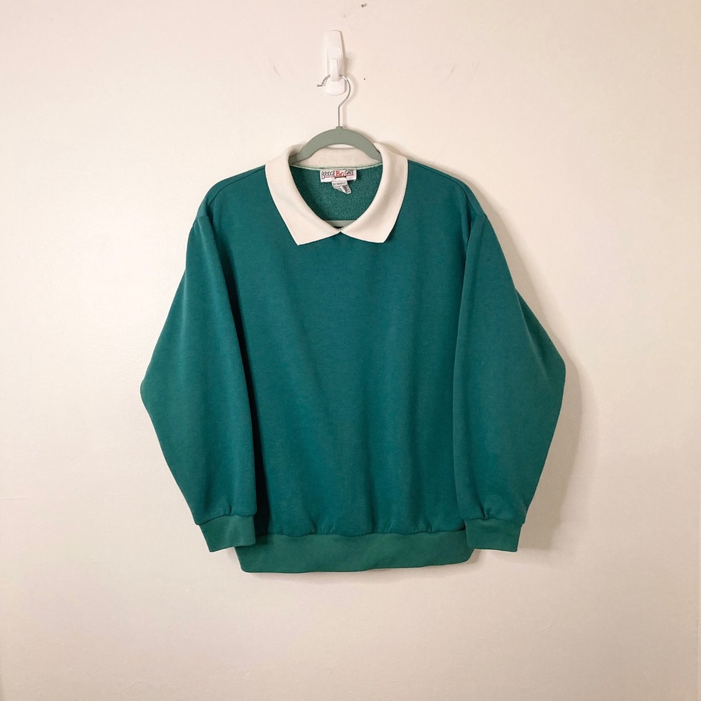 Vintage 90s Collar Sweatshirt Pullover Bridge Gate Teal White L Preppy Retro